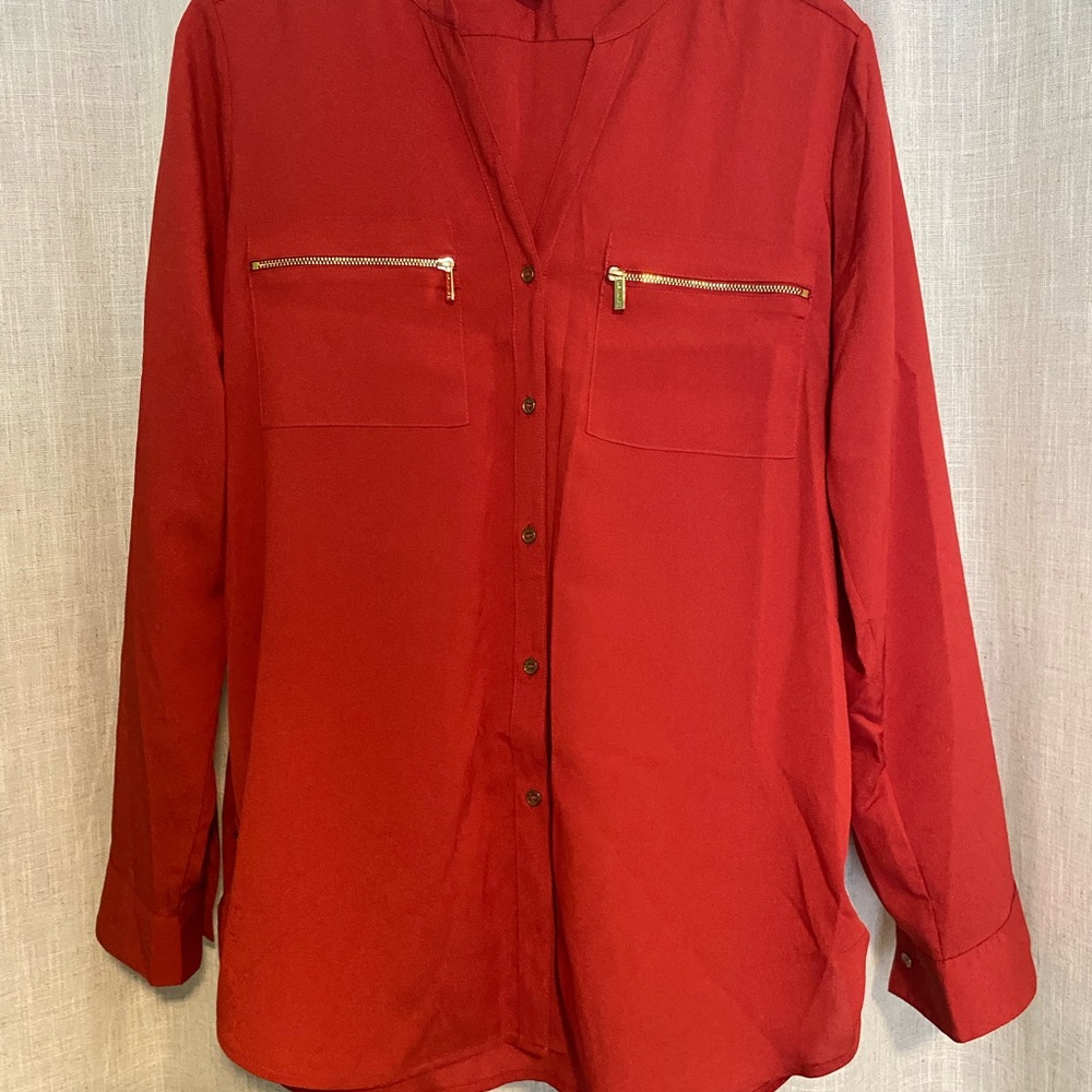 Calvin Klein Red Button Down Shirt with Mandarin Collar